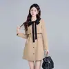Vestido Botones Estilo Británico Falso Dos Piezas Color Caqui para Mujer Primavera Petite Moño Elegante Cintura Ceñida Falda Corta Línea A