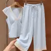 Pijama de renda de manga curta estilo minimalista puro desejo de verão para mulheres, shorts justos com bojo, conjunto de duas peças para casa