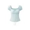 POPWEST Blusa de Cuello Cuadrado Hombros Descubiertos Mangas Abullonadas Camisa de Encaje para Mujer + Falda Corta Verano 8667