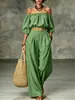 Conjunto Feminino Casual de Duas Peças 2026 Estilo Novo Europeu e Americano Transfronteiriço, Ombro a Ombro, Manga Bufante, Cintura Alta, Calça Wide Leg, Cor Sólida