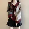 Suéter Burdeos con Patrón de Diamantes para Mujer, Nuevo Estilo Primavera 2026, Tejido de Encaje con Cuello en V Tallas Grandes, Top Retro Navideño