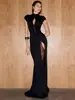 Vestido Retro de Cor Sólida com Fenda Alta e Gola Alta Sexy Vazado Slim Fit Feminino Novo Outono e Inverno Estilo Europeu e Americano Transfronteiriço para Mulheres