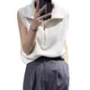 Chaleco de lana estilo coreano para mujer, corte holgado, media cremallera, cuello camisero, cuello alto, sin mangas, suéter de punto, estilo universitario
