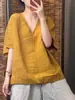 Disponible en varios colores estilo coreano manga raglán algodón y lino color liso cuello en V manga murciélago manga corta top verano nuevo versátil camiseta
