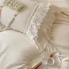 Estilo Princesa Francesa Juego de Cama de Cuatro Piezas 100% Algodón Lujo Ligero Retro Algodón Puro con Ribete de Encaje Funda Nórdica Estilo Falda de Cama Ropa de Cama para Dormitorio Principal