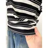 Camiseta Bordada con Oso de Sentido del Diseño para Mujer Rayas Blancas y Negras Contraste de Color Base Top Estilo Occidental Verano Estilo Coreano Hombro Manga Corta
