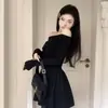Vestido Elegante de Cor Sólida com Franzidos, Ombro a Ombro, Manga Longa, Estilo Francês para Mulheres, Primavera e Outono, Curto com Cintura Marcada e Volume, Transfronteiriço