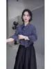 Camisa Xadrez Listrada Assimétrica de Manga Longa Estilo Francês Feminina 2025 Primavera e Outono Emagrecedora Camisa Estilo Ocidental Top Elegante