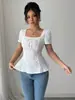 Roupas Femininas Transfronteiriças Europeias e Americanas Moda Verão Elegante Casual Camisa de Renda Gola Quadrada Laço Manga Curta Top