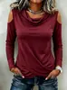 2026 Otoño Nuevo Transfronterizo Estilo Europeo y Americano Cuello Alto Hombro Descubierto Manga Larga con Dobladillo Cruzado Ajustado Camiseta para Mujer