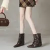 Botas Apiladas Plisadas de Punta Cuadrada que Aumentan la Altura para Mujer Otoño Invierno Nuevas Botines con Hebilla de Suela Plana Botas de Caña Alta Botas Vaqueras Occidentales