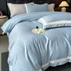 Conjunto de quatro peças em algodão jacquard lavado estilo minimalista, amigável à pele para dormir nu em todas as estações, lençol de baixo e fronha, roupa de cama de luxo leve e de alta qualidade