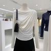 Camisa Básica de Alta Gama Elegante para Mujer, Diseño Plisado Off-the-Shoulder para Primavera y Otoño, Camiseta Versátil de Manga Larga Estilo Coreano