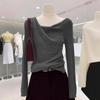 Suéter de Punto Elegante de Alta Calidad Color Gris con Cuello Oscilante y Mangas Largas para Mujer Diseño Otoño e Invierno Ajustado Top Base Interior