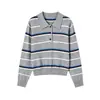Suéter de tricô listrado com gola V e botões estilo coreano para mulheres, primavera e outono, meio botão, solto, casual, top preguiçoso