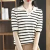 26 Verano Nuevo Estilo Algodón Puro Tejido Cuello Solapa Botón Único Manga Corta Rayas Finas Camiseta Básica Versión Coreana Ropa Sencilla para Mujer