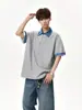 Camiseta de manga curta com gola polo estampada em patchwork estilo faculdade coreano para homens e mulheres, design de verão com uma blusa de gola reversa falsa de duas peças