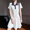 Vestido Blanco con Cuello Polo y Fruncido para Mujer, Vestido Coreano de Manga Corta Verano 2026, Vestido de Línea A Estilo Universitario
