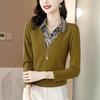 Costura de Color Contrastante Falso Dos Piezas Madre Talla Grande Mujer Primavera 2024 Nuevo Cuello Polo Manga Larga Cubre Vientre Reductor de Edad Top