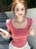 Camiseta Rosa Frambuesa Estilo Coreano con Cuello en U y Mangas Medias para Mujer, Nuevo Diseño Verano 2026, Top Corto Ajustado de Nicho