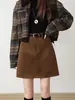 Falda Vintage de Ante Marrón para Mujer, Nueva Falda Mini de Línea A Adelgazante de Cintura Alta Anti-Exposición Otoño/Invierno 13576
