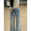 Jeans azul claro não apertado na perna microflare feminino outono 2026 novo cintura alta draping bordado calça flare de perna larga