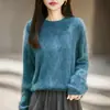 Suéter Grossinho de Tricô com Forro de Fleece Feminino, Novo Outono/Inverno Cashmere Lã Gola Redonda Manga Longa Solto Suéter de Lã Top