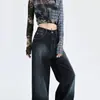 Jeans de Pierna Ancha de Tiro Alto Color Azul Marino Profundo para Mujer Tendencia Otoño 2025 Versátiles Nuevos Adelgazantes Holgados de Pierna Recta Pantalones Largos hasta el Suelo