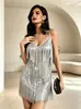 Novo vestido europeu e americano com franjas de lantejoulas para mulheres, decote V, sem alças, justo ao corpo, sexy para festa, reunião anual, vestido de noite, vestido curto