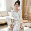 Nuevo Conjunto de Pijama de Algodón de Bambú Estilo Chino para Mujer Primavera y Verano Delgado de Fibra de Bambú Manga Tres Cuartos Ropa de Casa Verano Estilo Chino Se Puede Usar Afuera