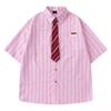 Camisas Yipinjia Vintage Simples Listradas de Manga Curta para Homens e Mulheres Verão Americano Solto Estilo Preppy Camisas de Casal