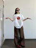 Camiseta de Algodón Pesado Estilo High Street Americano con Estampado de Manzanas de Manga Corta para Mujer, Corte Holgado con Diseño Único, Top de Verano
