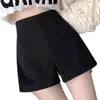 Shorts de terno femininos pretos para outono e inverno, forrados com fleece, cintura alta, emagrecedores, elásticos, corte A, estilo "sem calças", leggings