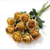 Rosa Artificial Dorada Tallo Verde Único Rosa Brillante Dorado Decoración de Boda Arreglo Floral Adornos