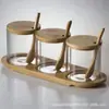 Conjunto de potes de vidro retos para temperos de cozinha caixa de temperos de vidro para casa garrafa de tempero pote de sal tampa de bambu colher de madeira de três peças