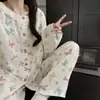 Pijama de Algodón Yunduo para Mujer Primavera y Otoño Estilo Princesa Coreana Lazo Encaje Manga Larga Dos Piezas Ropa Casual para el Hogar