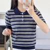 Verão Novo Tricô de Algodão Gola Polo Blocos de Cor Listras Estilo Coreano Simples Versátil Estiloso Manga Curta Camiseta Top Feminino