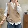 Novo colete cardigã de algodão com decote V vintage para mulheres, top de malha solto sem mangas, colete curto
