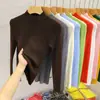 Tricô Gola Alta Meia Mulher Camisa Básica Outono e Inverno Novo Versátil Fino Tricô Tight Top Interno Rosa