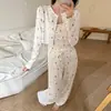 Pijama com Bojo para Mulheres, Primavera e Verão Desenho Animado Doce com Alças Finas, Cardigãs, Calças Compridas, Conjunto de Três Peças, Roupa de Casa Que Pode Ser Usada Fora
