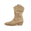 Botines finos de punta para mujer de piel de vaca, botines cortos de otoño/invierno, botas de montar retro de tacón grueso, botas western holgadas arrugadas