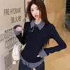 Camiseta Manga Longa Feminina Xizang Malha Azul Xadrez Gola Polo Falsa Peça Dupla Moda Primavera Nova Slim