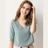 Camiseta de verano de manga corta para mujer suéter para mujer suéter cuello en V manga media holgada camiseta básica camiseta holgada adelgazante