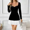 Europeu e Americano Transfronteiriço Francês Elegante Clássico Contraste Preto e Branco Gola Coração de Pêssego Vestido de Veludo Vestido Leve Vestido de Banquete para Mulheres