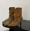 Botas vaqueras de moda retro de tacón alto, modelo 2026, botas de tacón de aguja elegantes y a la moda para mujer, punta fina, plisadas, apiladas, de media pantorrilla