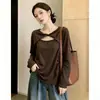 Camiseta Base de Manga Longa Vazada Estilo Desejo Puro para Mulheres Outono e Primavera Tamanho Plus Size Meninas Cheinhas Design Emagrecedor Top com Cintura Marcada e Franzida