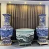Jingdezhen Florero de Piso Grande Florero de Porcelana Azul y Blanco Pintado a Mano Personalizable Florero de Porcelana Extra Grande Adorno Decorativo para Vestíbulo de Empresa Hotel