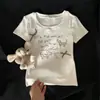 Camiseta de Manga Corta con Cuello en U para Mujer, Perro Dachshund Bordado Estilo Coreano Chica Picante, Top Ajustado de Verano con Diseño de Lazo 3D, Moderno