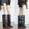 Versão em Couro Botas Longas Femininas Aumento Oculto de Altura 9cm Botas de Cavaleiro Botas de Cano Alto para Calças Outono Inverno Salto Alto Bico Fino Botas Franzidas