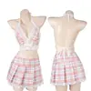 Lencería Sexy Puro Deseo Cuello Halter con Cordones Estilo Universitario Uniforme JK Set Camisón Sexy con Ribete de Encaje 9280